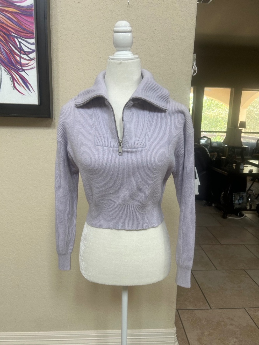 Nordstrom Lavender Ribbed Quarter-Zip Cropped Sweater. Sz. L (10/12)NWOT